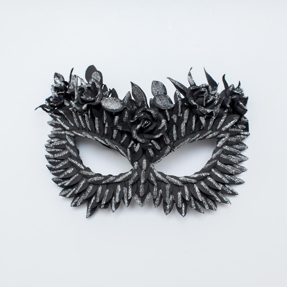 Black Masquerade Mask: Silver Glitter Flowers