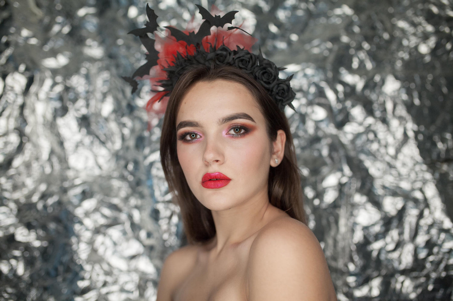 Black bat headband with roses and red veil. Fascinator crown.