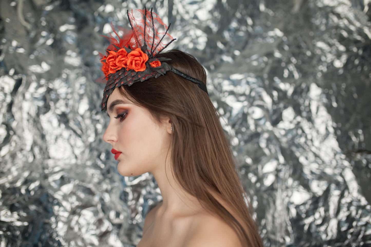 Dragon Scale Headband: Red Roses, Wings & Veil - Fantasy Costume
