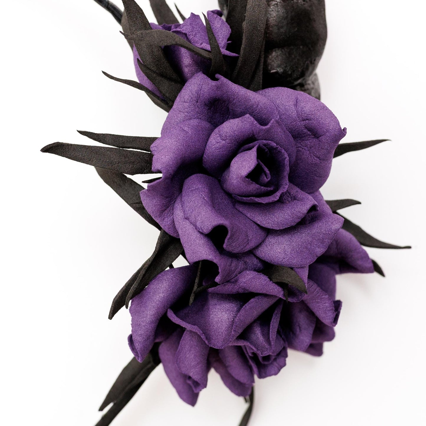 Black horns headband with purple flowers for Halloween party. Lightweight horns headpiece.