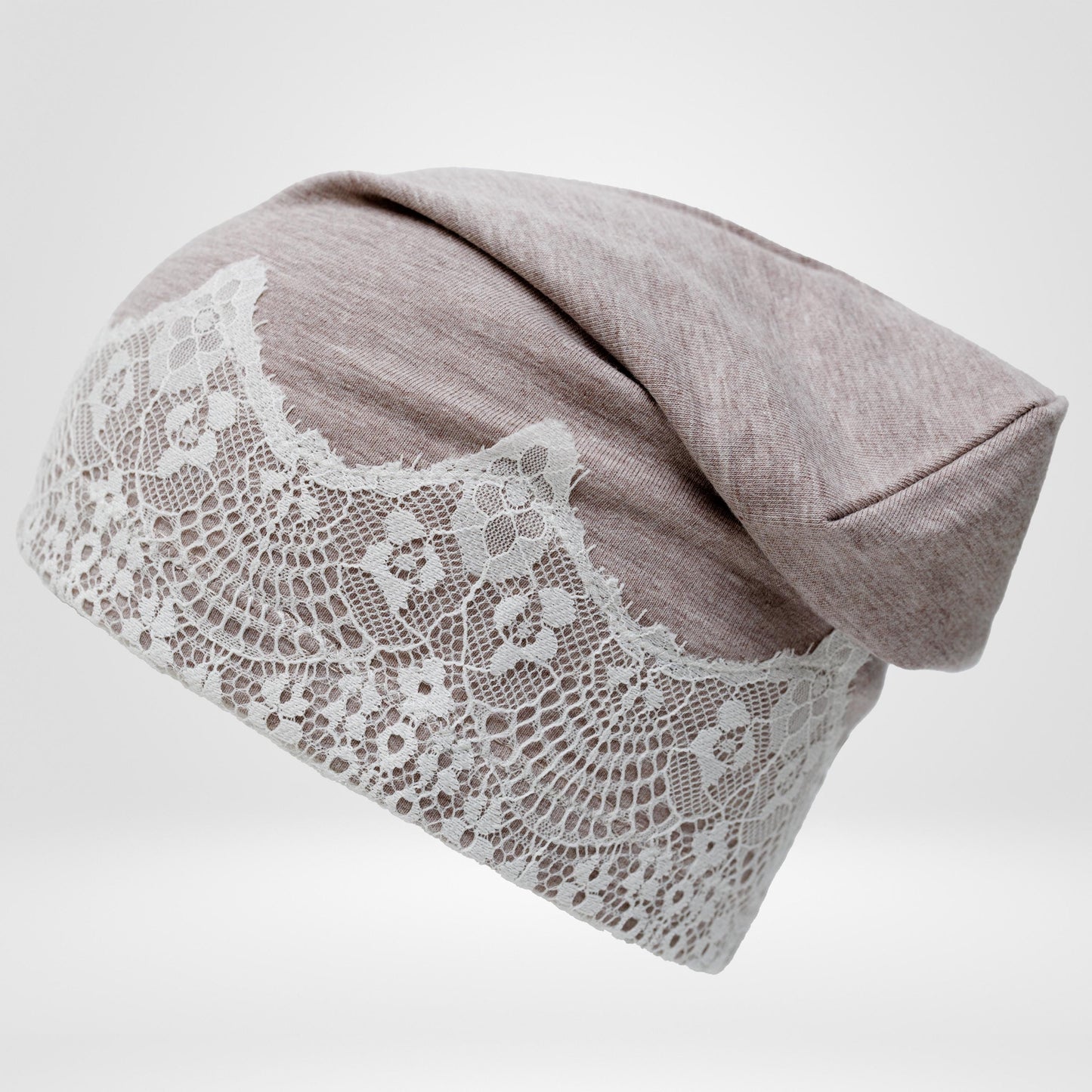 Beige slouchy beanie hat with lace. Cotton headwear size S.