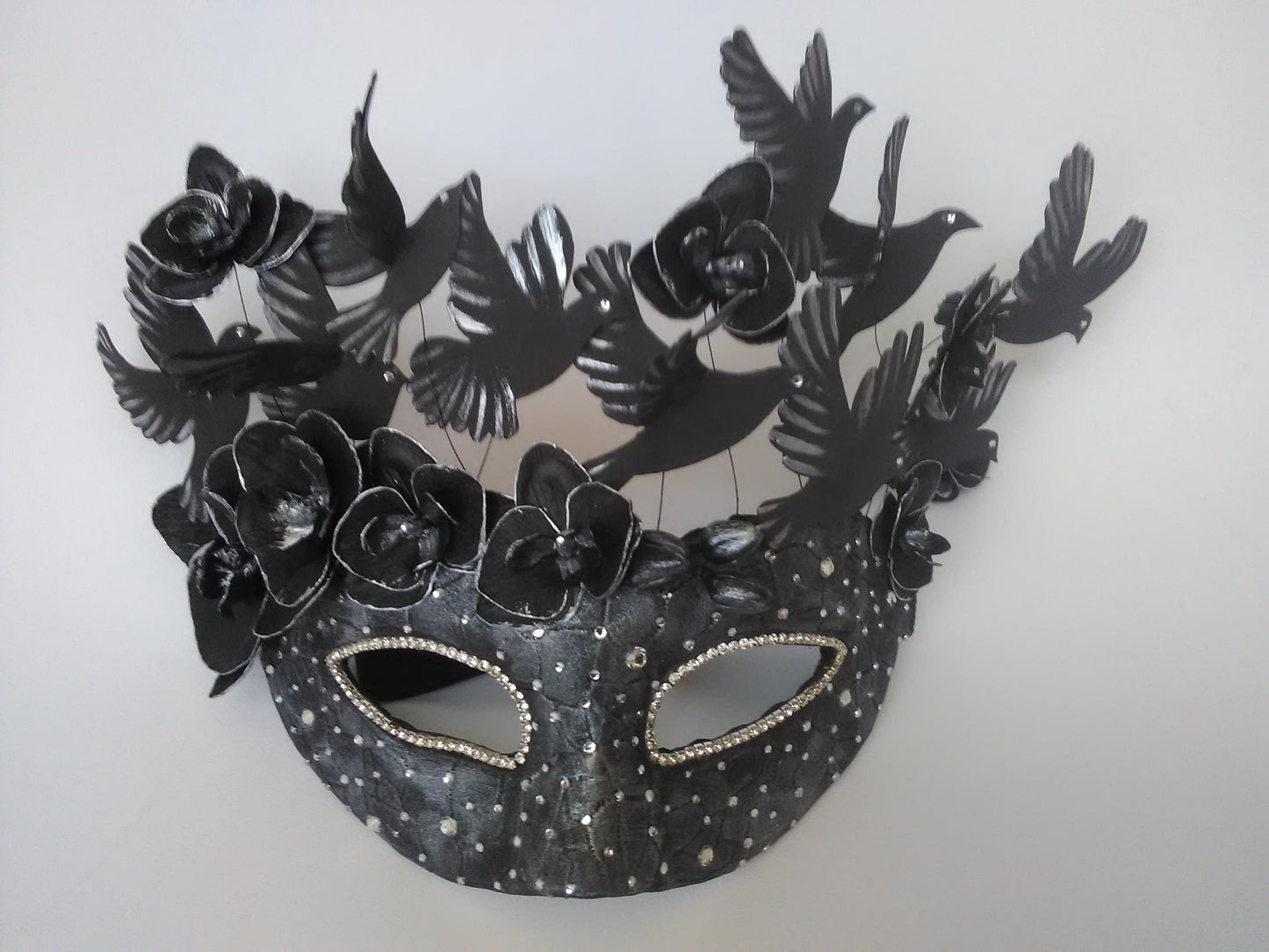 Black Bird Masquerade Mask: Gothic 3D Birds, Orchids & Rhinestones