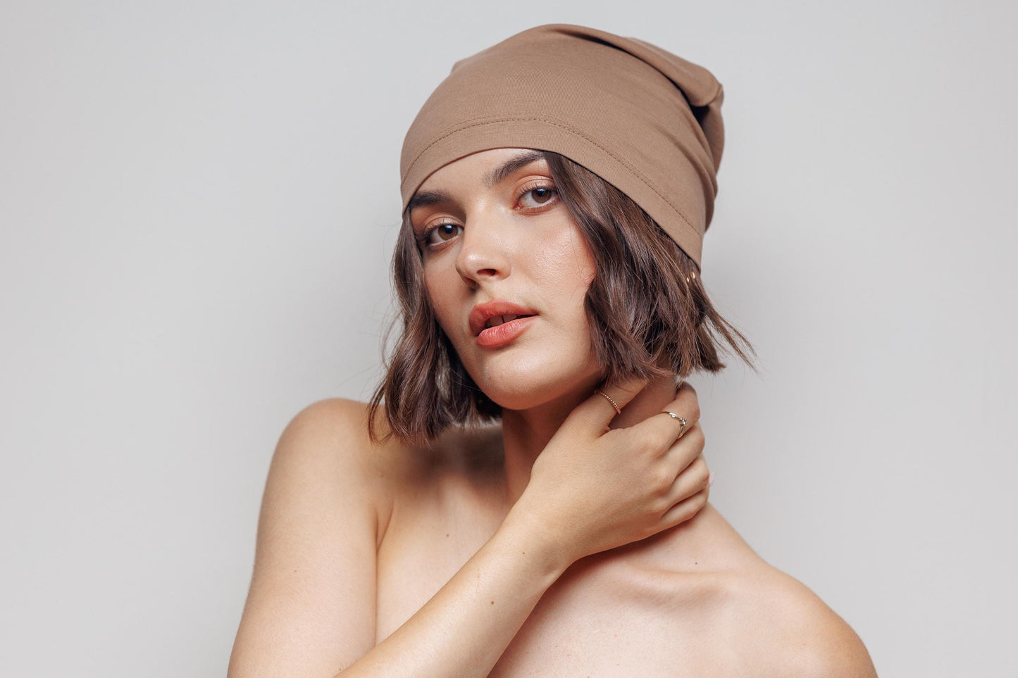 Brown Cotton Beanie Hat: Double Layer Knit, Size S-M