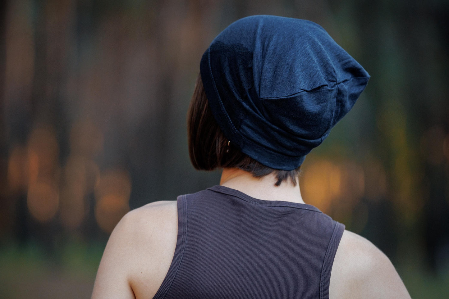 Dark Blue Linen Beanie Hat with Black Lace: Lightweight Chemo Cap S-M