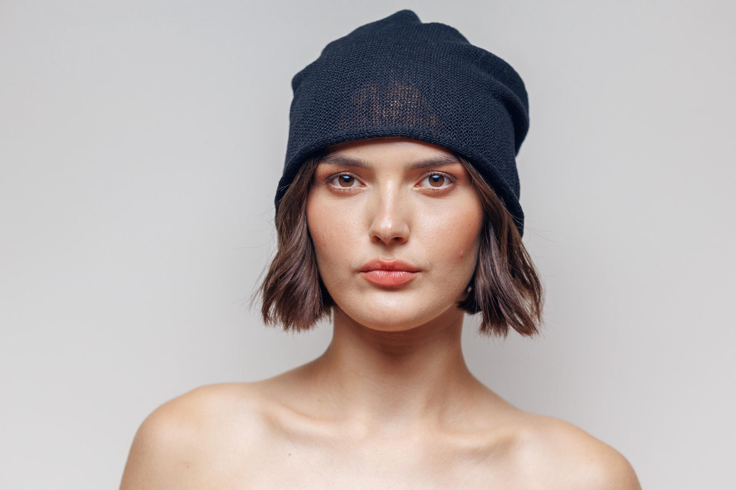 Black Linen knit beanie hat. Slouchy linen cap for man and woman.