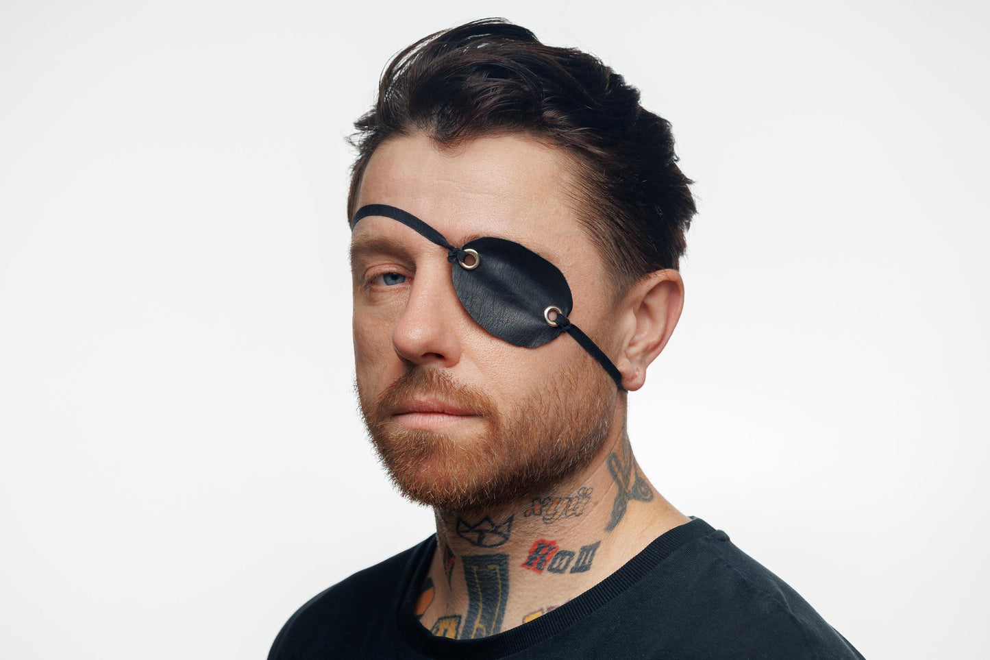 Black Vegan Leather Eye Patch Mask with Grommets. Pirate Steampunk Costume. Gothic Cosplay Eye Cover | Adjustable Elastic Strap.