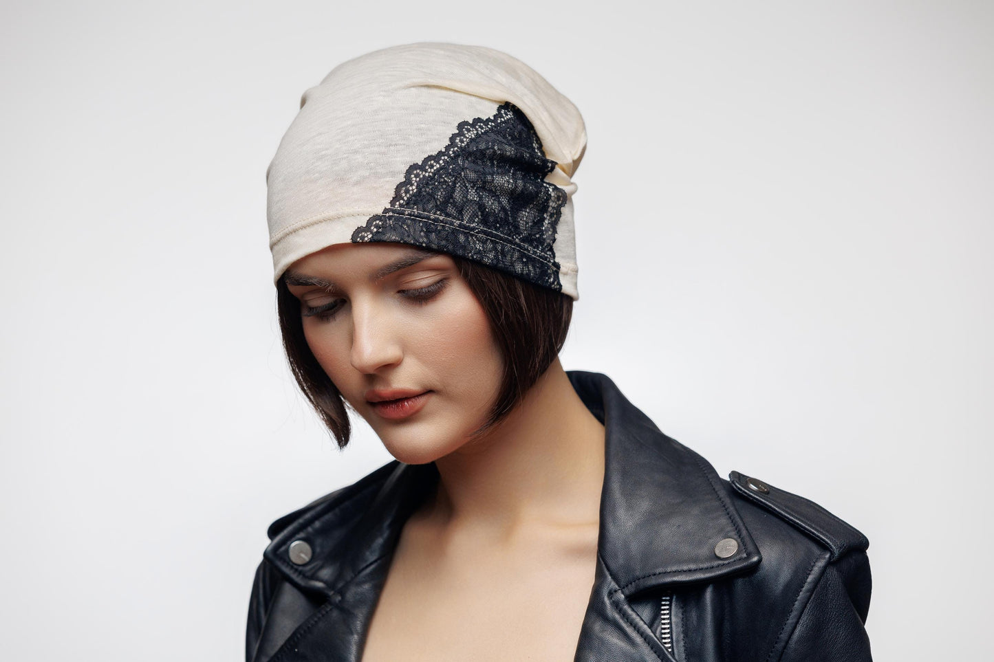 Ivory Linen Beanie with Black Lace: Chemo Cap, Breathable Oversized Hat