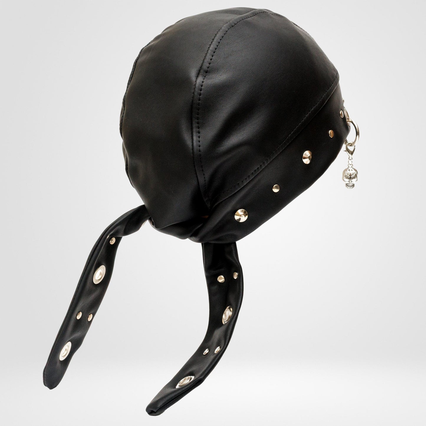 Black Beanie Vegan Leather Biker Bandana | Skull Pendant, Metal Eyelets. (Copy)