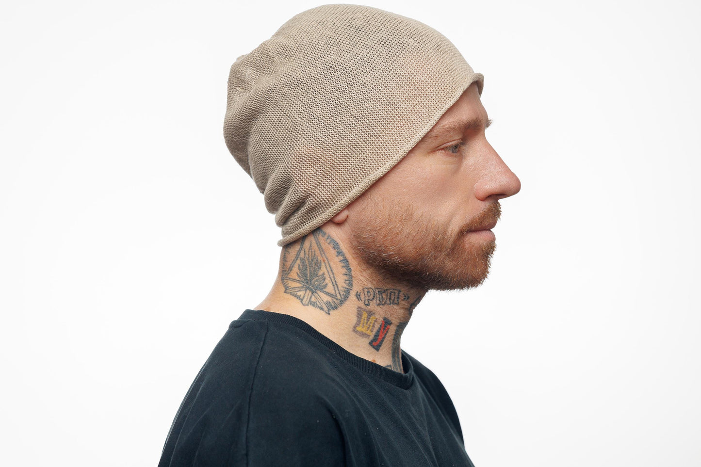 Linen knit beanie hat. Slouchy cap.