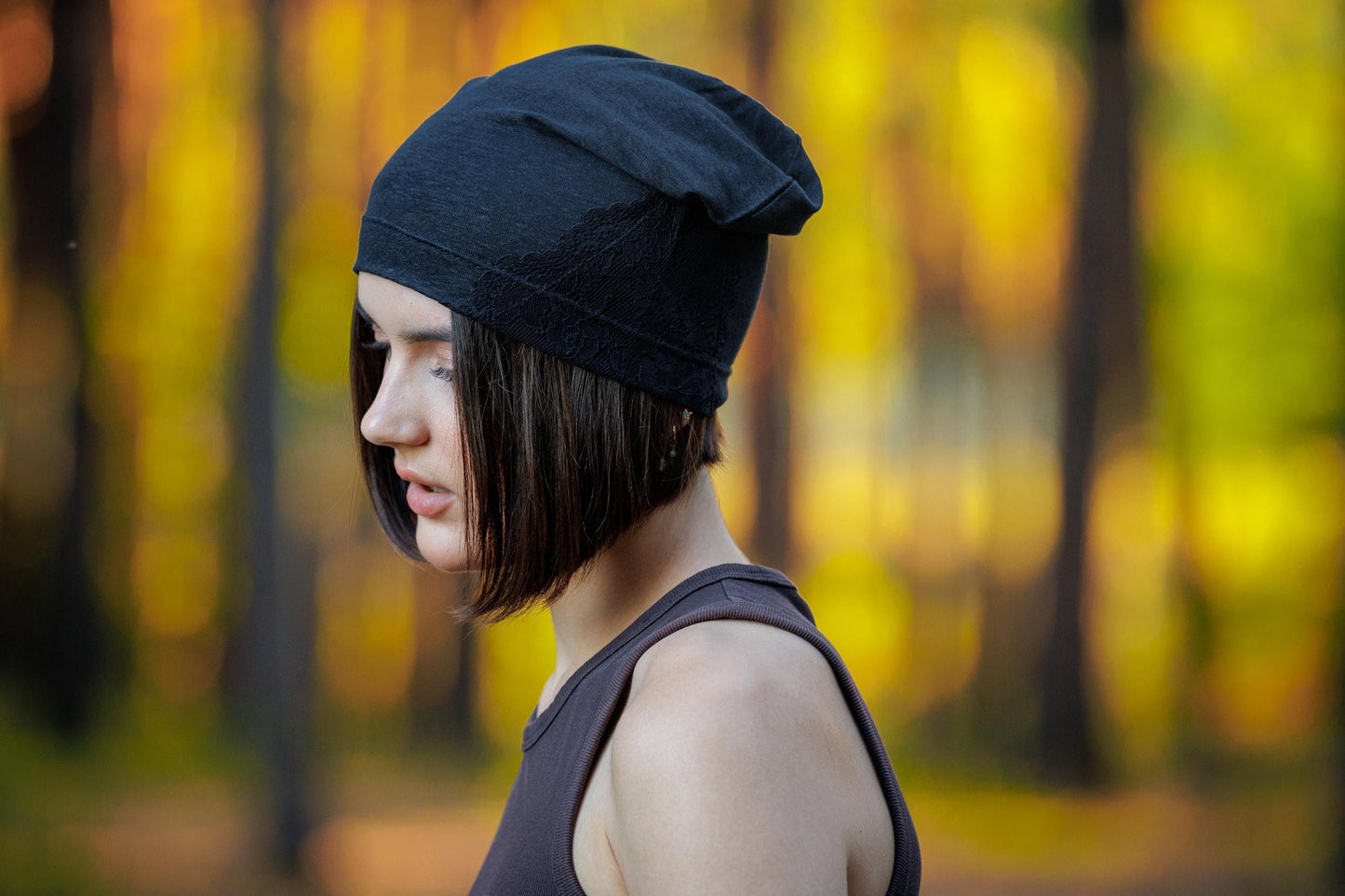 Black Linen Beanie Hat: Lace, Lightweight Chemo Cap.