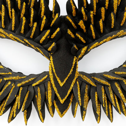 Masquerade Mask Owl: Black, Gold, Silver Feather Detail, Elegant Party Costume