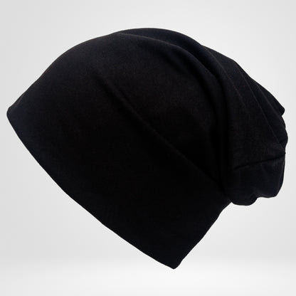 Black Beanie Hat Cotton Double Layer Breathable Slouchy Cap, Soft Natural Fabric, Minimalist Streetwear Unisex Hat.