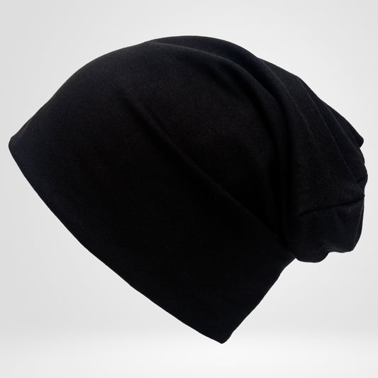 Black Beanie Hat Cotton Double Layer Breathable Slouchy Cap, Soft Natural Fabric, Minimalist Streetwear Unisex Hat.