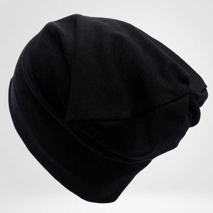 Black Cotton Beanie Hat for Women, Double Layer Breathable Slouchy Cap, Soft Natural Fabric, Minimalist Streetwear Hat.