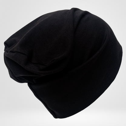 Black Cotton Beanie Hat, Double Layer Breathable Slouchy Cap, Soft Natural Fabric, Minimalist Streetwear Hat.