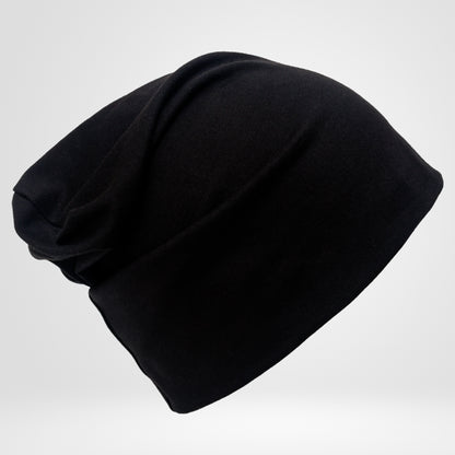 Black Cotton Beanie Hat Double Layer Breathable Slouchy Cap, Soft Natural Fabric, Minimalist Streetwear Hat.