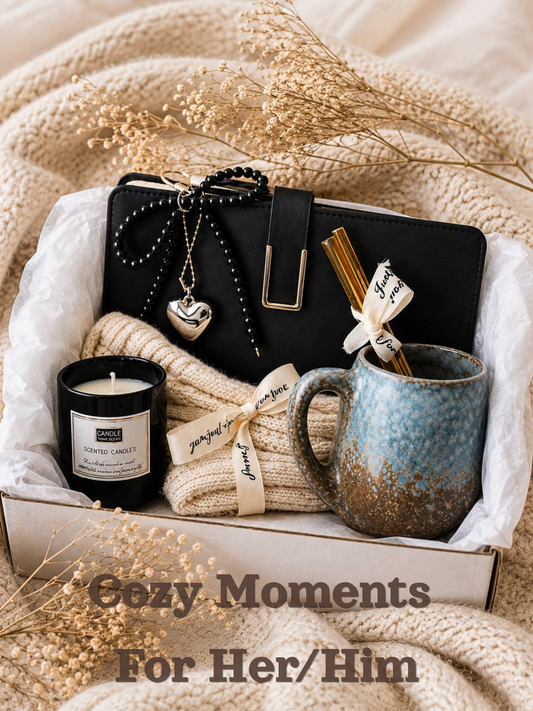 Cozy Moments Gift Box for Women & Men – Handmade Ceramic Mug, Cozy Socks, Candle, Notebook &amp; Pen, Keychain, Greeting Card | Ready to Gift
