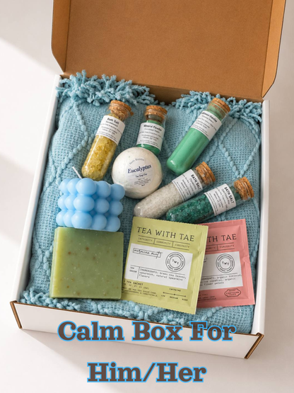Calm Box Gift Set, Spa Gift Box for Women & Men, Cozy Light Blue Blanket Gift, Self Care Package, Relaxation Basket