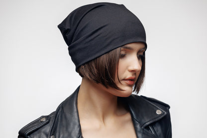 Black Beanie Hat Breathable Slouchy Cap, Soft Natural Cotton Fabric, Minimalist Streetwear Unisex Hat.