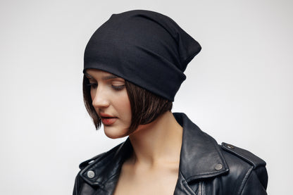 Black Beanie Hat, Double Layer Breathable Slouchy Cap, Soft Natural  Cotton Fabric, Minimalist Streetwear Unisex Hat.