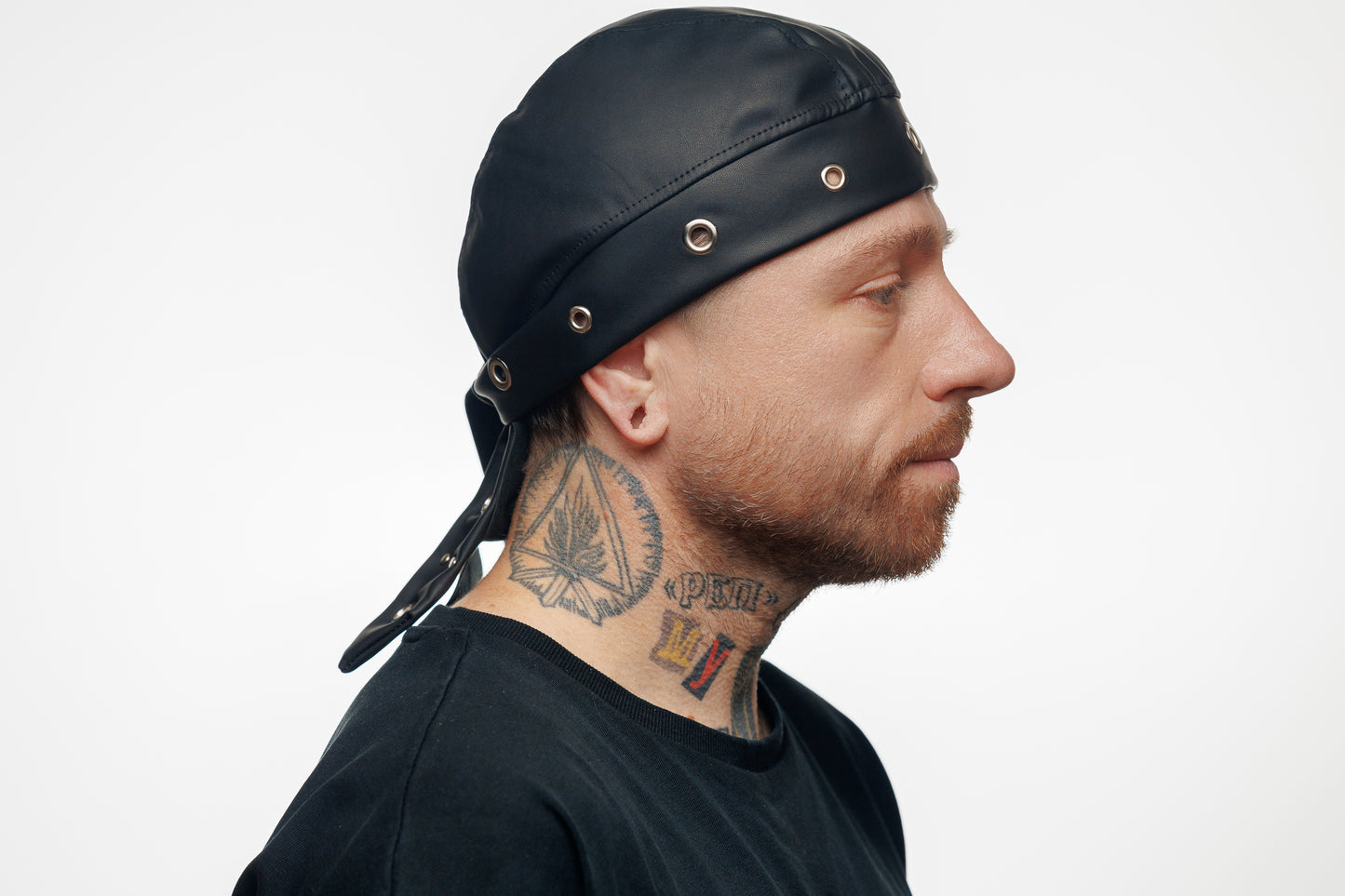 Black Vegan Leather Biker Beanie Bandana Headwrap | Unisex Skull Cap with Eyelets