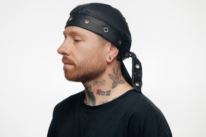 Black Vegan Leather Biker Beanie Bandana Headwrap | Unisex Skull Cap with Eyelets