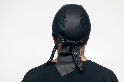 Black Vegan Leather Biker Beanie Bandana Headwrap | Unisex Skull Cap with Eyelets