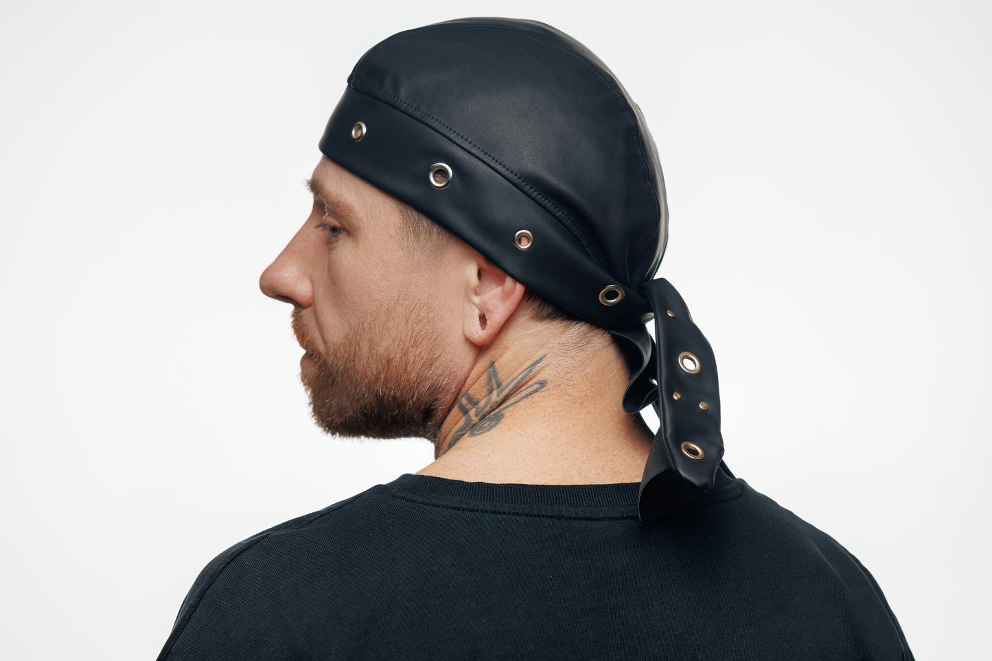 Black Vegan Leather Biker Beanie Bandana Headwrap | Unisex Skull Cap with Eyelets
