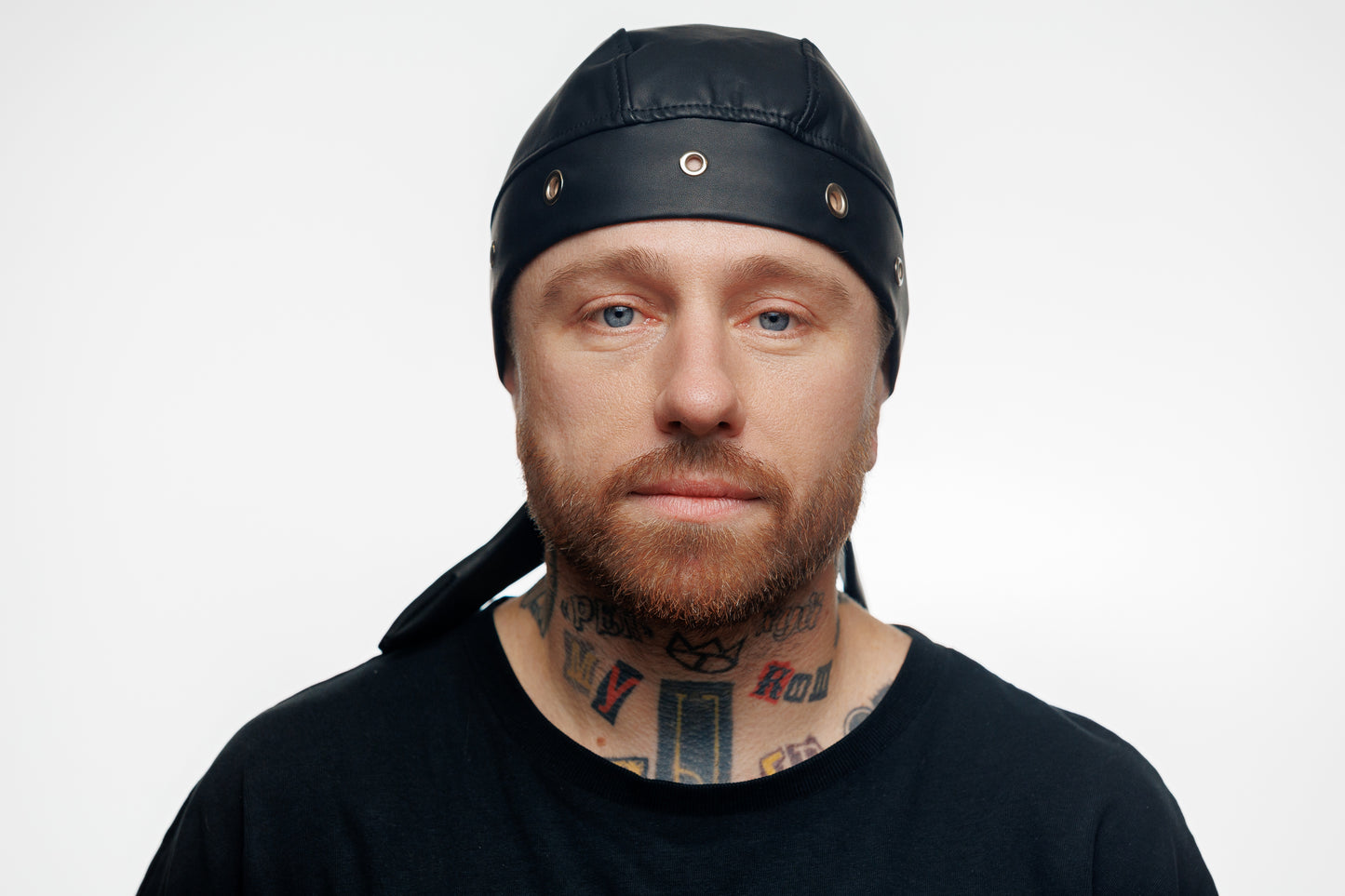 Black Vegan Leather Biker Beanie Bandana Headwrap | Unisex Skull Cap with Eyelets