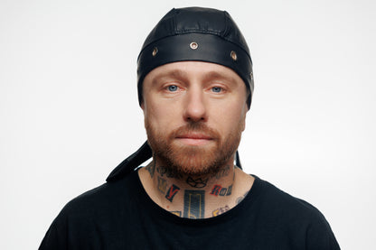 Black Vegan Leather Biker Beanie Bandana Headwrap | Unisex Skull Cap with Eyelets