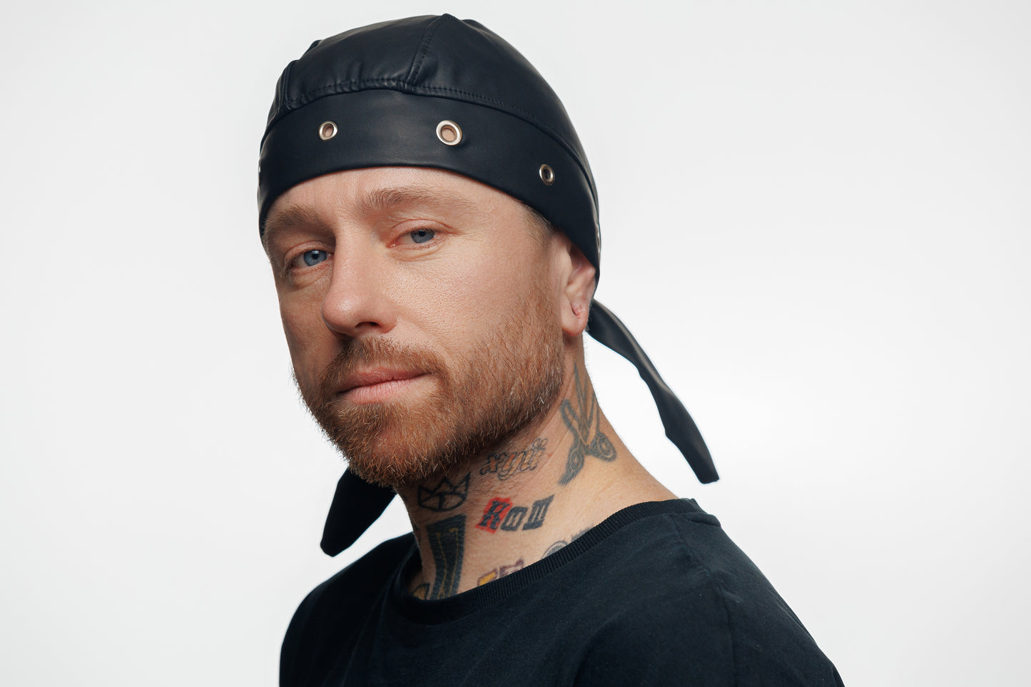 Black Vegan Leather Biker Beanie Bandana Headwrap | Unisex Skull Cap with Eyelets