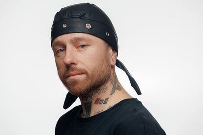 Black Vegan Leather Biker Beanie Bandana Headwrap | Unisex Skull Cap with Eyelets