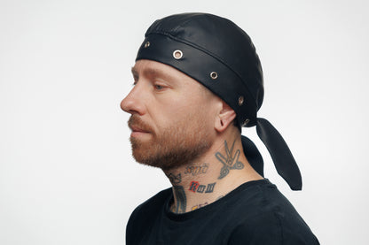 Black Vegan Leather Biker Beanie Bandana Headwrap | Unisex Skull Cap with Eyelets