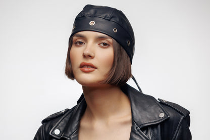 Black Vegan Leather Biker Beanie Bandana Headwrap | Unisex Skull Cap with Eyelets