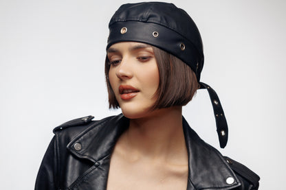 Black Vegan Leather Biker Beanie Bandana Headwrap | Unisex Skull Cap with Eyelets