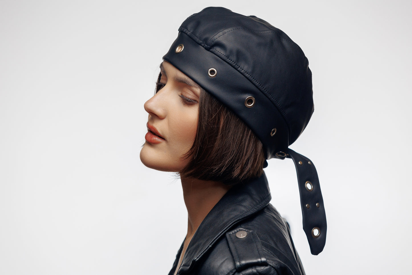 Black Vegan Leather Biker Beanie Bandana Headwrap | Unisex Skull Cap with Eyelets