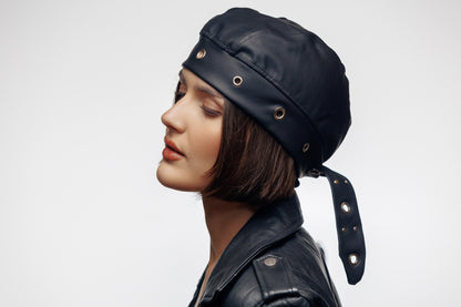 Black Vegan Leather Biker Beanie Bandana Headwrap | Unisex Skull Cap with Eyelets