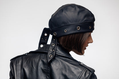 Black Vegan Leather Biker Beanie Bandana Headwrap | Unisex Skull Cap with Eyelets