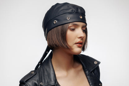 Black Vegan Leather Biker Beanie Bandana Headwrap | Unisex Skull Cap with Eyelets