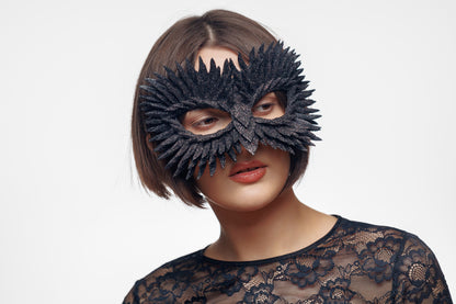 Masquerade Mask Owl: Black, Gold, Silver Feather Detail, Elegant Party Costume