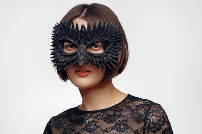 Masquerade Mask Owl: Black, Gold, Silver Feather Detail, Elegant Party Costume