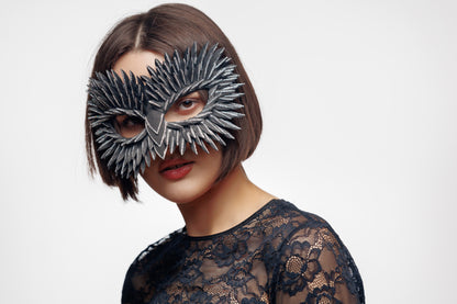 Masquerade Mask Owl: Black, Gold, Silver Feather Detail, Elegant Party Costume