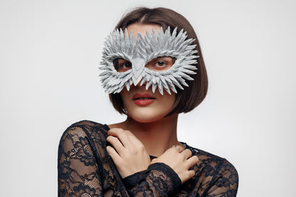 Masquerade Mask Owl: Black, Gold, Silver Feather Detail, Elegant Party Costume
