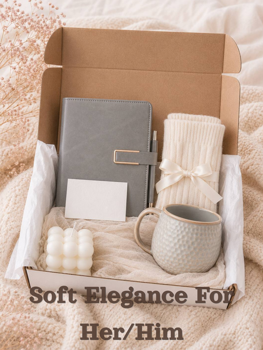 Soft Elegance Gift Box for Him or Her – Cozy Self Care Set with Notebook, Coffee Mug  & Candle