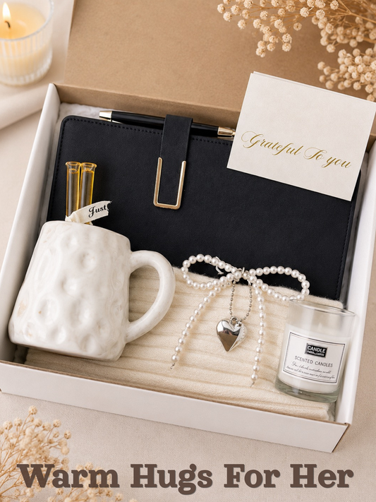 Warm Hugs Gift Box For Her – Handmade 7 oz Ceramic Coffee Mug & A5 Leather Notebook Set
