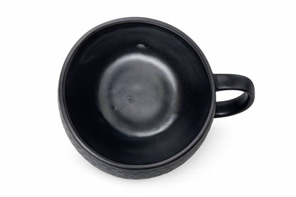 Handmade black ceramic coffee mug with textured artisan finish, modern stoneware cup for gifting and everyday use by Ledera USA