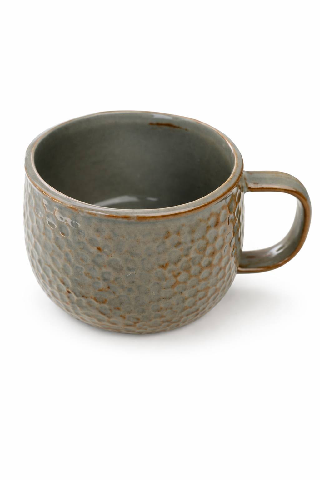Handmade ceramic coffee mug in textured gray glaze with brown rim, artisan stoneware cup perfect for gift boxes and corporate gifting by Lederea USA