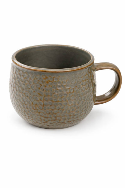 Handmade ceramic coffee mug in textured gray glaze with brown rim, artisan stoneware cup perfect for gift boxes and corporate gifting by Lederea USA