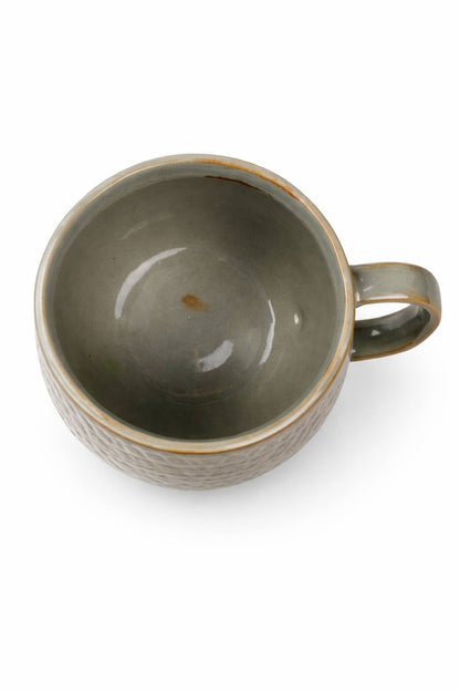 Handmade ceramic coffee mug in textured gray glaze with brown rim, artisan stoneware cup perfect for gift boxes and corporate gifting by Lederea USA