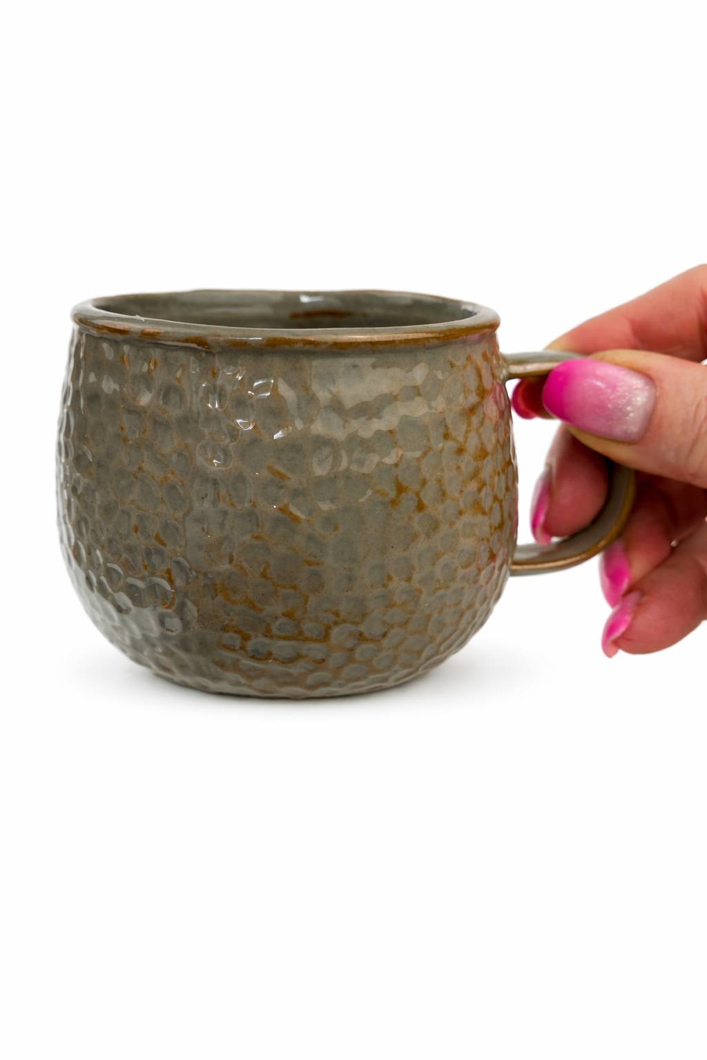 Handmade ceramic coffee mug in textured gray glaze with brown rim, artisan stoneware cup perfect for gift boxes and corporate gifting by Lederea USA